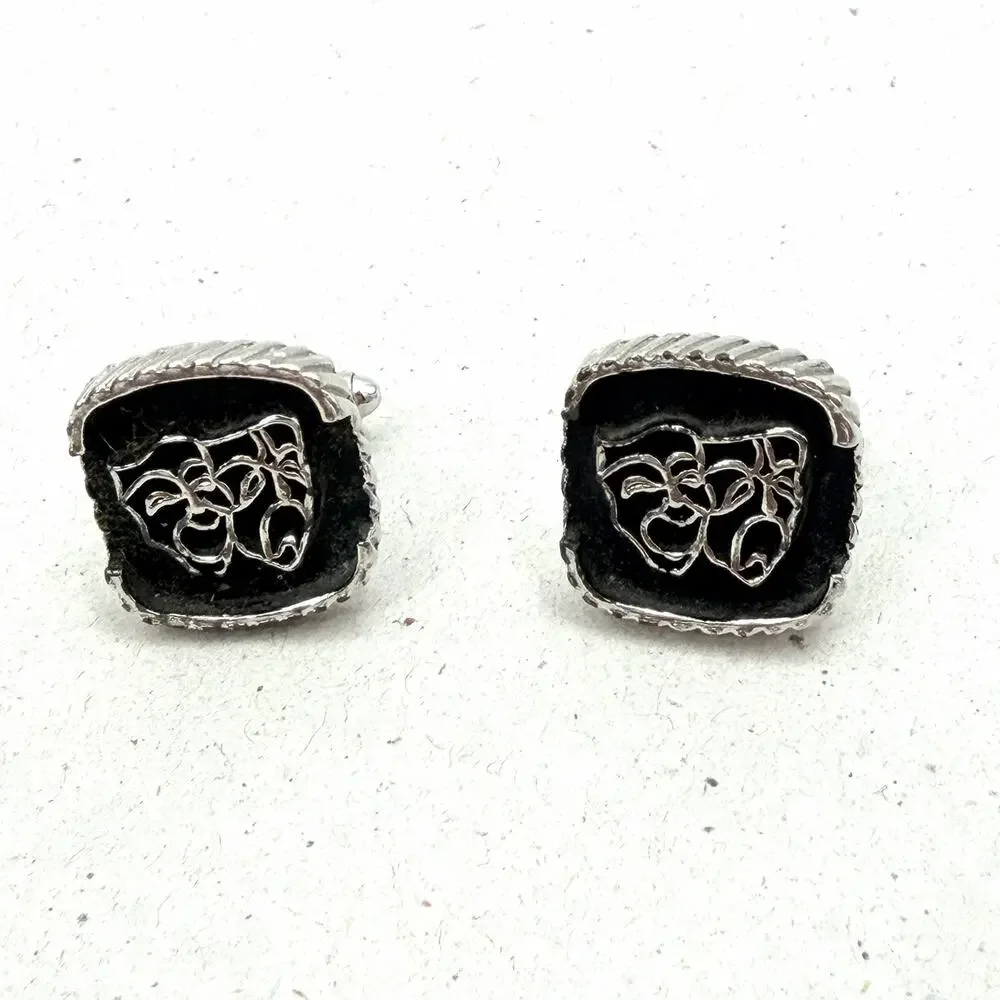 Vintage Performing Arts Comedy Tragedy Theater Mask Cufflinks Black Silver Tone